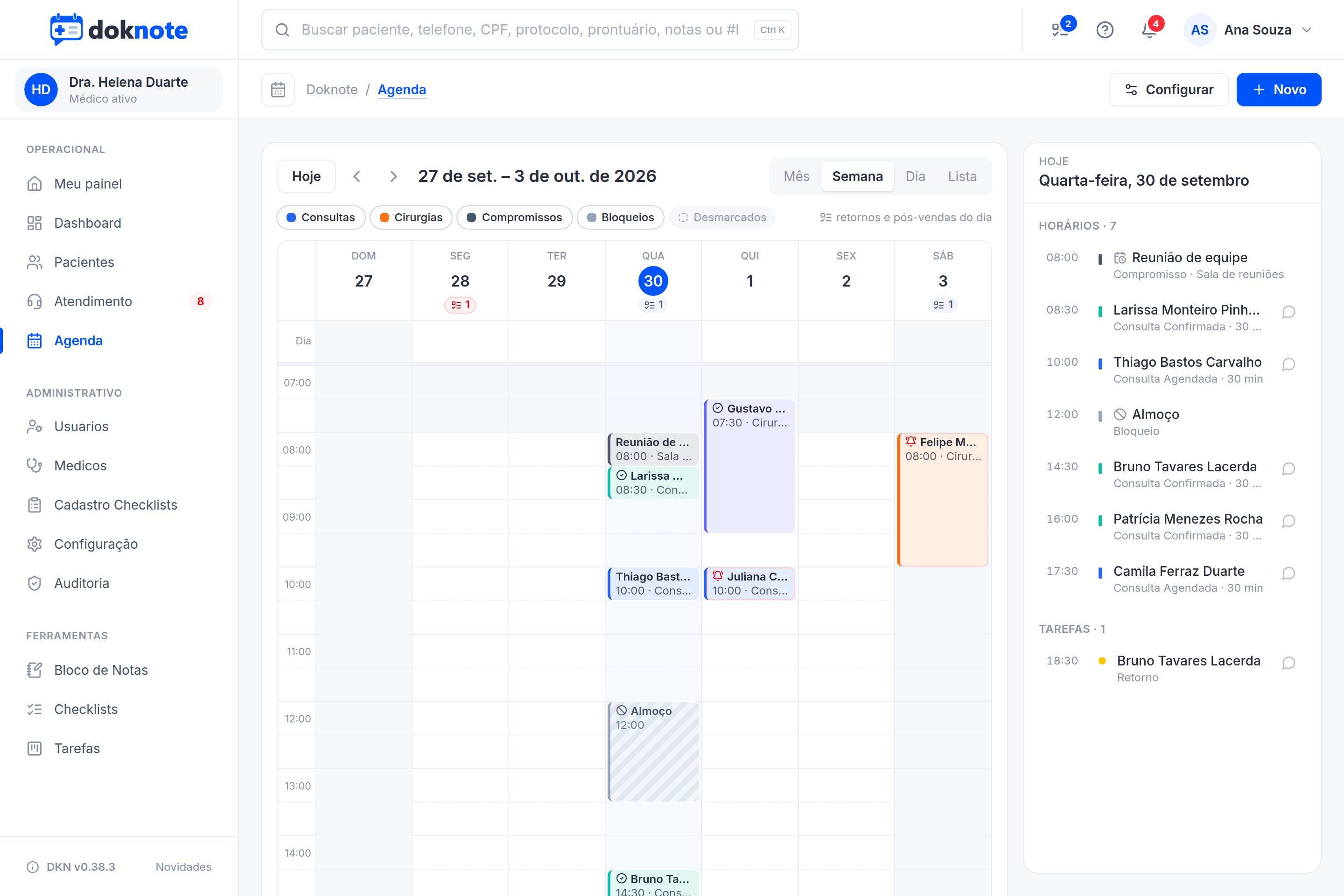 Agenda real do Doknote com consultas, compromissos e bloqueios fictícios