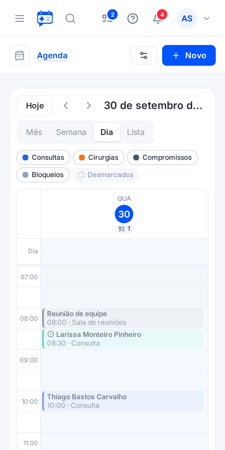 Agenda do Doknote no celular, na visão do dia, com dados fictícios