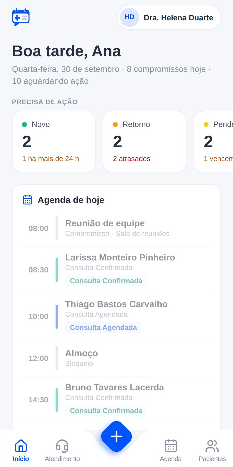 Início do app mobile do Doknote com pendências e a agenda do dia, com dados fictícios