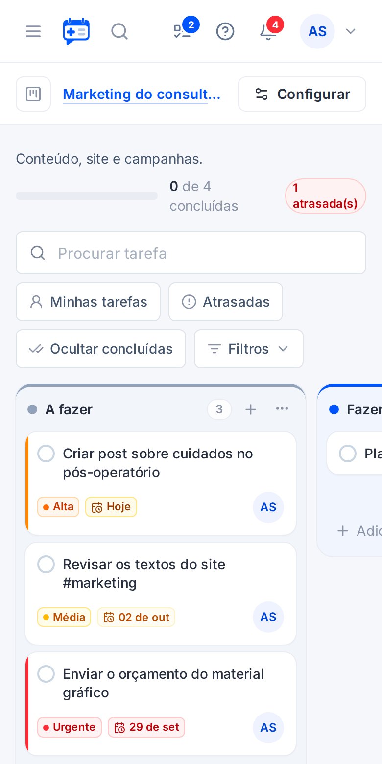 Quadro de tarefas do Doknote no celular, com tarefas fictícias