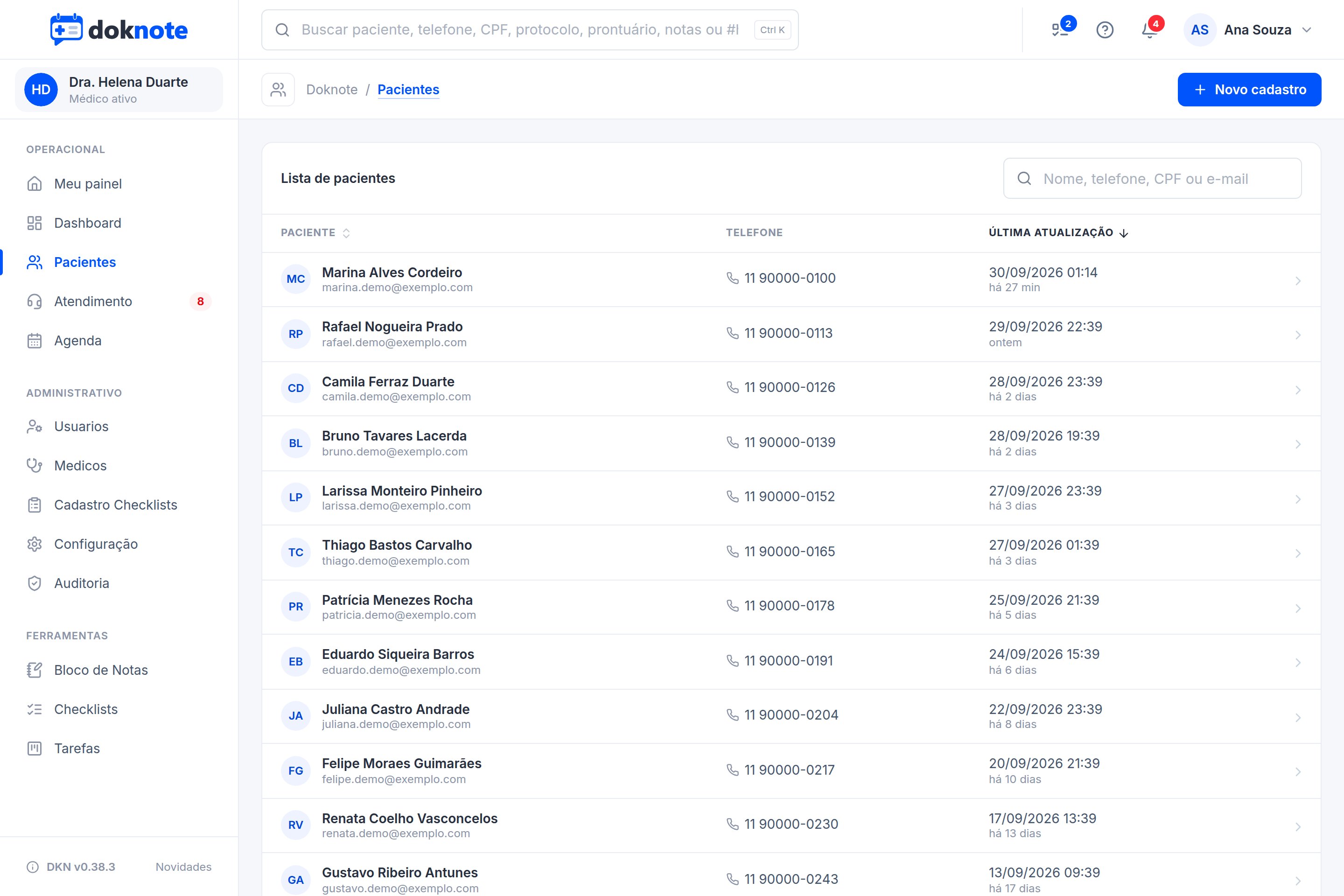 Lista de pacientes fictícios no Doknote