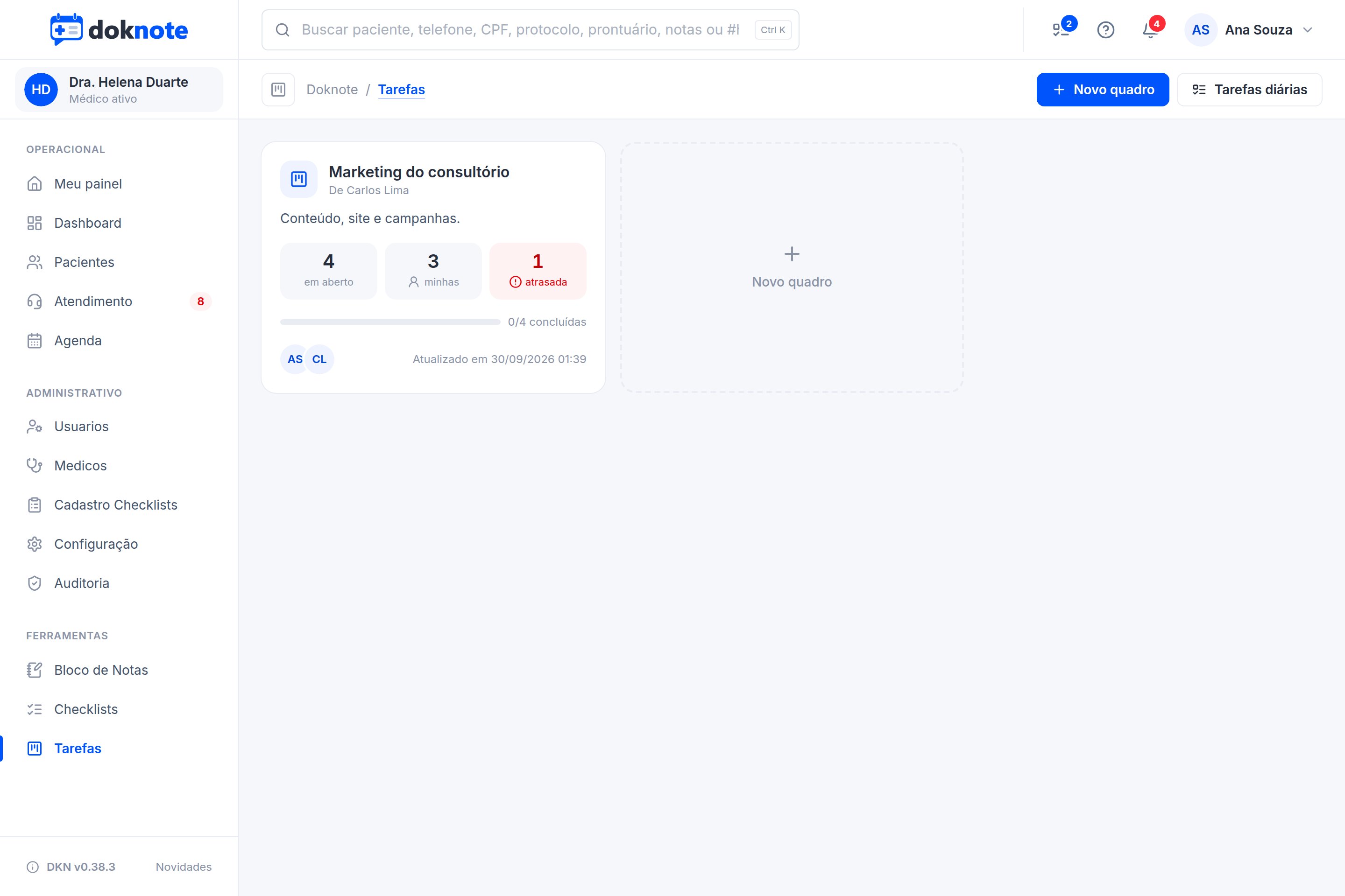Quadros de tarefas fictícios da equipe no Doknote